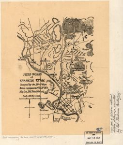 Field works at Franklin, Tenn., occupied by the 23d and 4th corps during engagement of Nov. 30th 1864, Maj. Gen. J. M. Schofield, comdg.  (1864; LOC: http://www.loc.gov/item/2003627083/)