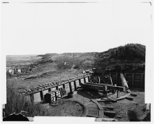 Fort Fisher, N.C. View of the land front, showing destroyed gun carriage in second traverse (by Timothy H. O'Sullivan, Jan. 1865; LOC: LC-DIG-cwpb-03746)