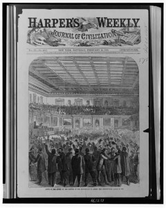 Scene in the House on the passage of the proposition to amend the Constitution, January 31, 1865 (Harper's Weekly Harper's weekly, v. 9, no. 425 (1865 Feb. 18), p. 97; LOC: LC-USZ62-127599)