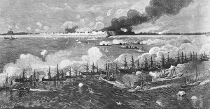 Fort_Fisher_Bombardment (Engraving by T. Shussler, after an artwork by J.O. Davidson, published in "Battles and Leaders of the Civil War". U.S. Naval Historical Center Photograph)