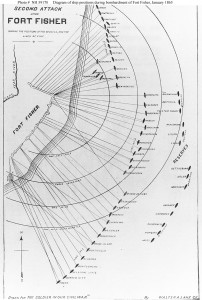 "Second Attack upon Fort Fisher, showing the positions of the vessels, and the lines of fire", 13-15 January 1865  Chart by Walter A. Lane, published in "The Soldier in our Civil War", Volume II. The positions of 58 ships are represented on the chart.  U.S. Naval Historical Center Photograph.