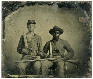 Sergeant A.M. Chandler of the 44th Mississippi Infantry Regiment, Co. F., and Silas Chandler, family slave, with Bowie knives, revolvers, pepper-box, shotgun, and canteen ( [United States], [between 1861 and 1863]; LOC: http://www.loc.gov/pictures/item/2014647512/)