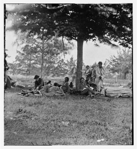 Fredericksburg, Virginia. Wounded Indians from the Wilderness on Marye's Heights (1864 May [19 or 20]; LOC: LC-DIG-cwpb-01550)