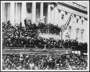 Lincoln's second inaugural (by Alexander Gardner, between 1910 and 1920, from a photograph taken in 1865; LOC: LC-USA7-16837 )