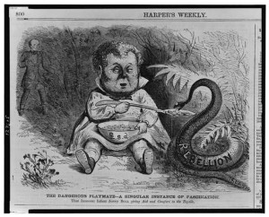 The dangerous playmate--A singular instance of fascination (Illus. in: Harper's weekly, v. 5, no. 259 (1861 Dec. 14), p. 800.; LOC:  LC-USZ62-127605)