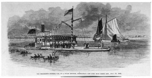 The President's funeral car, on a steam lighter, approacing New York, from Jersey City April 24, 1865 (Frank Leslie's Illustrated Newspaper, 1865 May 13.; LOC: v)