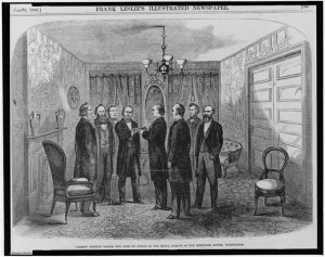 Andrew Johnson taking the oath of office in the small parlor of the Kirkwood House [Hotel], Washington, [April 15, 1865] (Illus. in: Frank Leslie's illustrated newspaper, v. 21, 1866 Jan. 6, p. 245.)