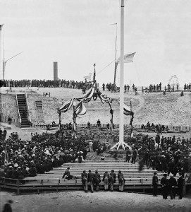 "Charleston, South Carolina. Flag-raising ceremony at Fort Sumter. Arrival of Gen. Robert Anderson and guests" (Library of Congress)