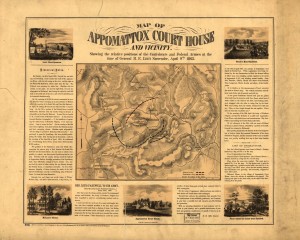 Map of Appomattox Court House and vicinity. Showing the relative positions of the Confederate and Federal Armies at the time of General R. E. Lee's surrender, April 9th 1865.  (http://www.loc.gov/item/99439220/)