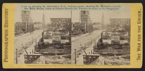 View on Meeting St., Charleston, S.C., looking south, showing St. Michael's church, the Mills House, ruins of Central Church and Theatre in ruins in the foreground (by George N. Barnard, 1865; LOC:  LC-DIG-stereo-1s02442)