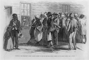 Glimpses at the Freedmen's Bureau. Issuing rations to the old and sick / from a sketch by our special artist, Jas. E. Taylor.  (llus. in: Frank Leslie's illustrated newspaper, v. 23, 1866 Sept. 22, p. 5. ; LOC: http://www.loc.gov/item/2009633700/)