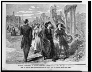Richmond ladies going to receive government rations (by A. R. Waud published in harper's Weekly June 3, 1865; LOC: vLC-USZ62-116427)