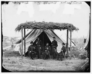 "[Portrait of Maj. Gen. George G. Meade, officer of the Federal Army, and corps commanders, vicinity of Washington, D.C., June 1865: Horatio G. Wright, John A. Logan, Meade, John G. Parke, Andrew A. Humphreys] " (Library of Congress)