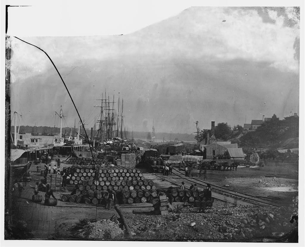 City Point, Va. Federal supplies deposited on the landing (1864 July.; LOC: v)