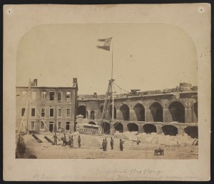 Confederate flag flying. Ft. Sumter after the evacuation of Maj. Anderson - interior view  (4-15-1865; LOC: http://www.loc.gov/item/2011645052/)