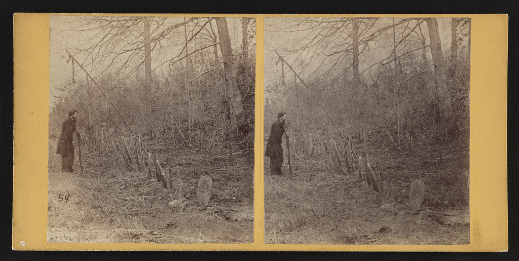 Soldier's graves of the 5th A.C. (i.e. Army Corps) Wilderness battle field (by G. O. Brown, Baltimore, MD : American Scenery (Stereoscopic) 267 West Lexington St., [1865]; LOC: http://www.loc.gov/pictures/item/2015647105/)