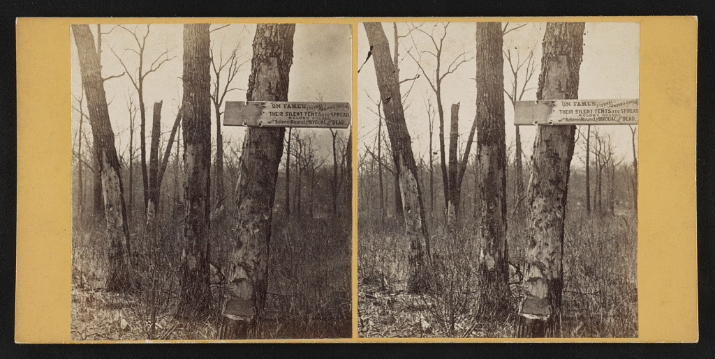 Rebel grounds, near triangle of death. Wilderness field (by G. O. Brown, Baltimore, MD : American Scenery (Stereoscopic) 267 West Lexington St., [1865]; LOC: http://www.loc.gov/pictures/item/2015647112/)