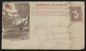 Civil War envelope showing a soldier waving goodbye to people on a porch with message "Soldier's farewell" and verses from a song (between 1861 and 1865; LOC: http://www.loc.gov/item/2011648678/)