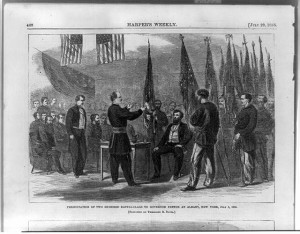 Presentation of two hundred battle-flags to Governor Fenton at Albany, New York, July 4, 1865 / sketched by Theodore R. Davis. (Harper's Weekly June 29, 1865; LOC: http://www.loc.gov/item/89706322/)