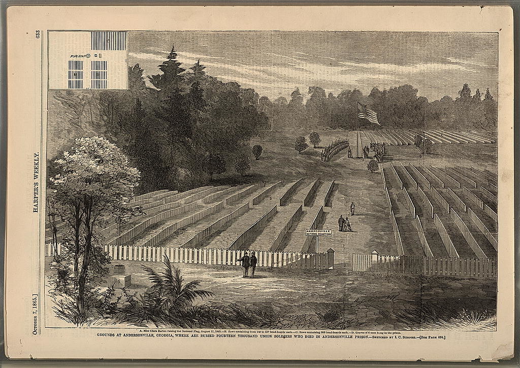 Grounds at Andersonville, Georgia, where are buried fourteen thousand Union soldiers, who died in Andersonville Prison / sketched by I.C. Schotel.(harper's Weekly, 10-7-1865; LOC: http://www.loc.gov/item/92500082/)