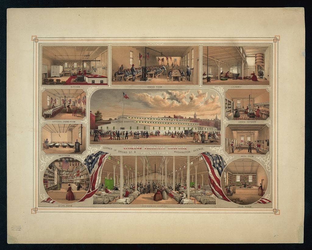 Citizens Volunteer Hospital Philadelphia / des. & lith. by J. Queen ; P.S. Duval & Son Lith. Philada. (ca.1862; LOC: http://www.loc.gov/item/98519871/)