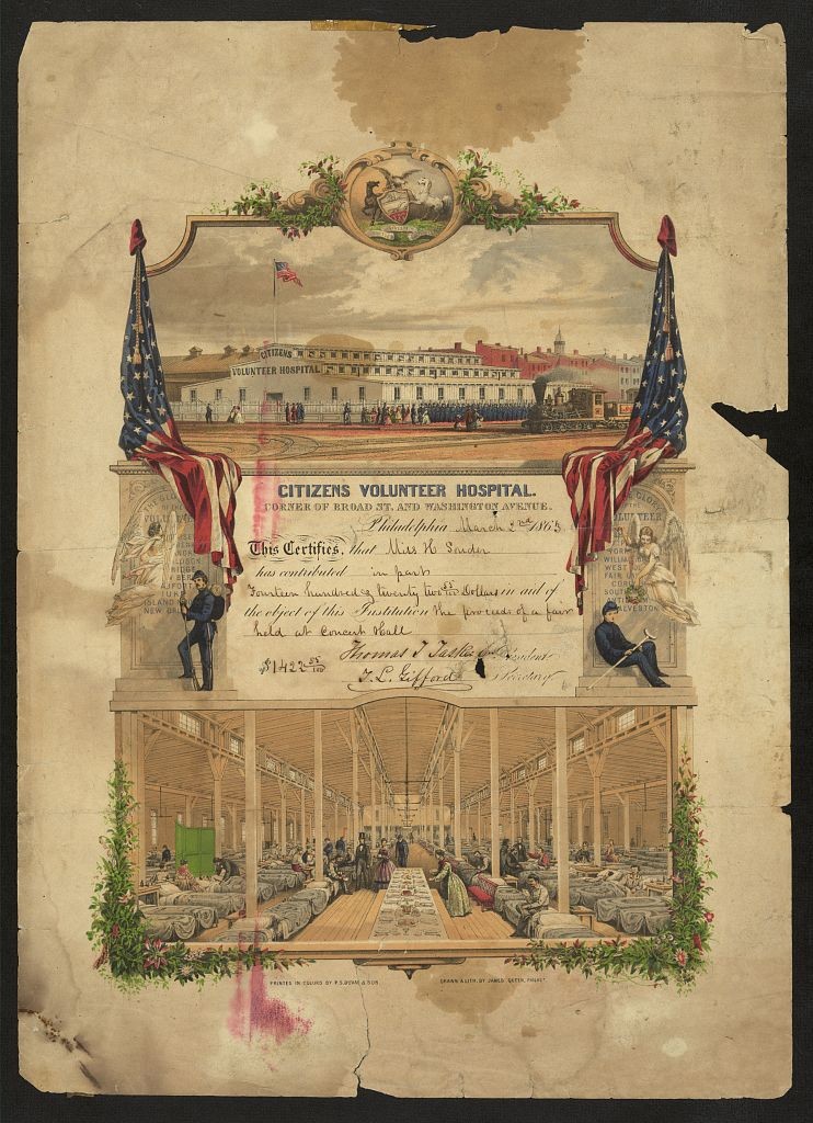 Citizens Volunteer Hospital - corner of Broad St. and Washington Ave. / drawn & lith. by James Queen, Philada. (ca.1863; LOC: http://www.loc.gov/item/2009632031/)