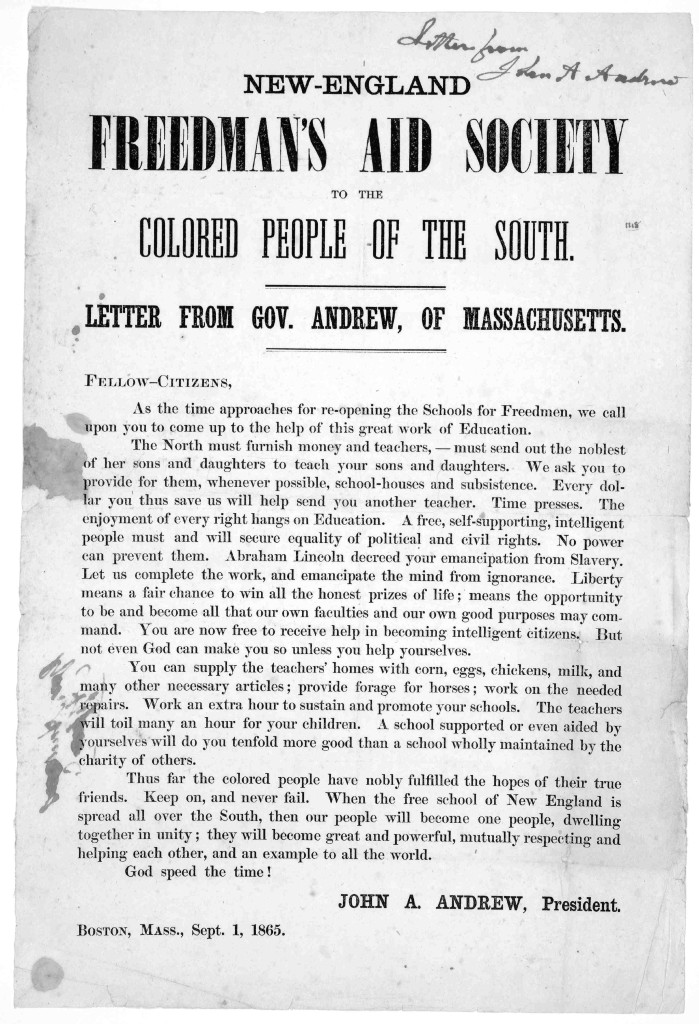 Freedman's Aid 9-1-1865 New England Freedman's aid society to the colored people of the South. Letter from Gov. Andrew, of Massachusetts. Fellow-Citizens ... Boston, Mass. Sept. 1, 1865. (LOC: http://www.loc.gov/item/rbpe.07104100/)