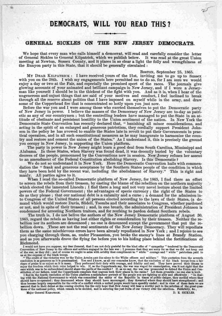 Democrats, will you read this? General Sickles on the New Jersey democrats ... [1865]. (LOC: http://www.loc.gov/item/rbpe.10004300/)