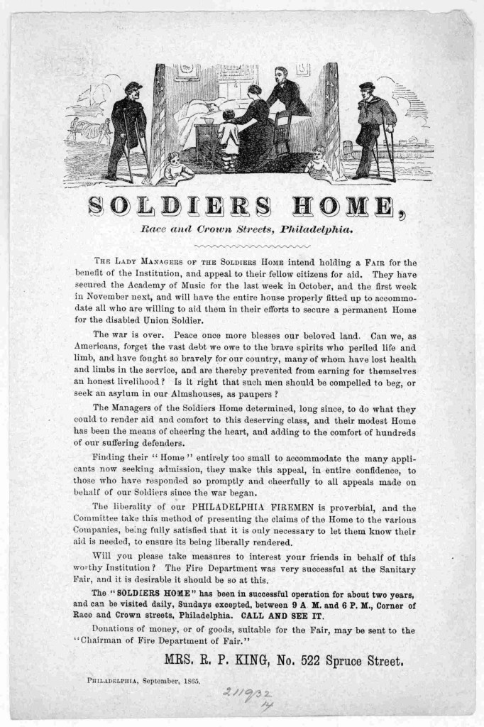 philsoldiershomesep65 The lady managers of the Soldiers Home intend holding a fair for the benefit of the Institution, and appeal to their fellow citizens for aid ... Philadelphia, September 1865. (1865; LOC: http://www.loc.gov/item/rbpe.15900500/)
