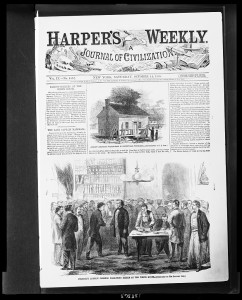 President Andrew Johnson pardoning Rebels at the White House / sketched by Mr. Stanley Fox. Andrew Johnson's tailor-shop in Greenville, Tennessee / photographed by J.B. Reef. (Illus. in: Harper's weekly, v. 9, no. 459 (1865 October 14), p. 641 (title page); LOC: http://www.loc.gov/item/2008680257/)