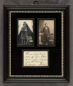 [Framed photographs of General Ambrose Everett Burnside and Abraham Lincoln with a manuscript signed note in Lincoln's hand.] (M Brady, December 22, 1862 ; LOC: http://www.loc.gov/item/scsm001051/)