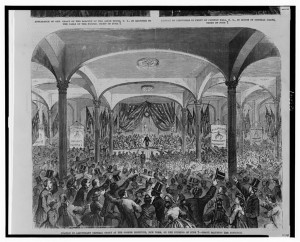 Ovation to Lieutenant General Grant at the Cooper Institute, New York, on the evening of June 7 - Grant saluting the audience ( Illus. in: Frank Leslie's illustrated newspaper, v. 20, no. 508 (1865 June 24), p. 209. ; LOC: http://www.loc.gov/item/2001695557/)