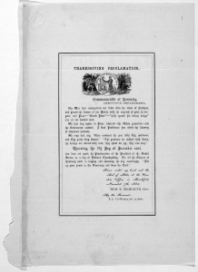 Thanksgiving proclamation. Commonwealth of Kentucky. Executive department ... Thursday the 7th day of December next has been set apart, by proclamation of the President of the United States, as a day of national thanksgiving ... Given under my h (1865; LOC: http://www.loc.gov/item/rbpe.02204200/)