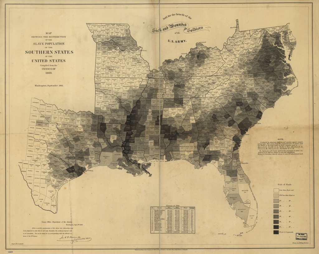 slave density 1860 census (Map showing the distribution of the slave population of the southern states of the United States. Compiled from the census of 1860, 1861 ; LOC: http://www.loc.gov/item/ody0314/)