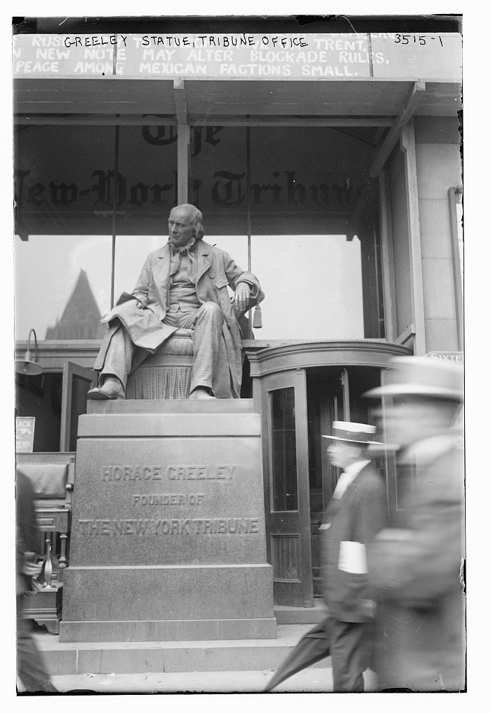 [Horace] Greeley statue, Tribune Office (between ca. 1910 and ca. 1915; LOC: https://www.loc.gov/item/ggb2005019292/)