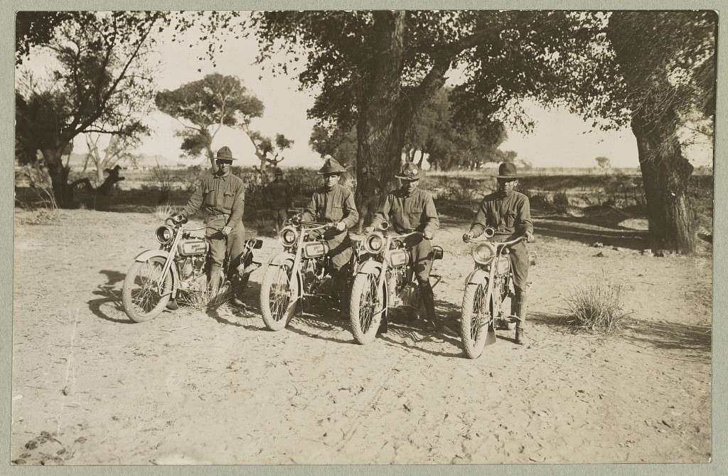 Motorcycle squad attached to brigade headquarters near Casa Grandes, Mexico Mexican-U.S. campaign after Villa, 1916. (c1916 May 6.; LOC: https://www.loc.gov/item/2013645867/)