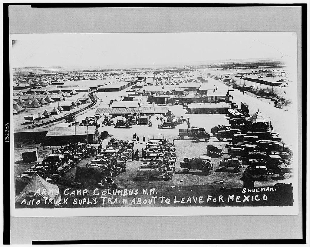 Army camp Columbus, N.M., auto truck supply train about to leave for Mexico / Shulman. (1916?; LOC: https://www.loc.gov/item/2002719615/)