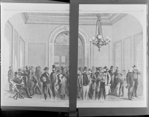 The lobby of the House of Representatives at Washington during the passage of the civil rights bill ( Illus. in: Harper's weekly, v. 10, no. 487 (1866 April 28), pp. 264-265. ; LOC: https://www.loc.gov/item/2010652197/)