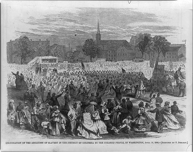Celebration of the abolition of slavery in the District of Columbia by the colored people, in Washington, April 19, 1866 / sketched by F. Dielman. ( Illus. in: Harper's weekly, v. 10, no. 489 (1866 May 12), p. 300. ; LOC: https://www.loc.gov/item/00651116/)