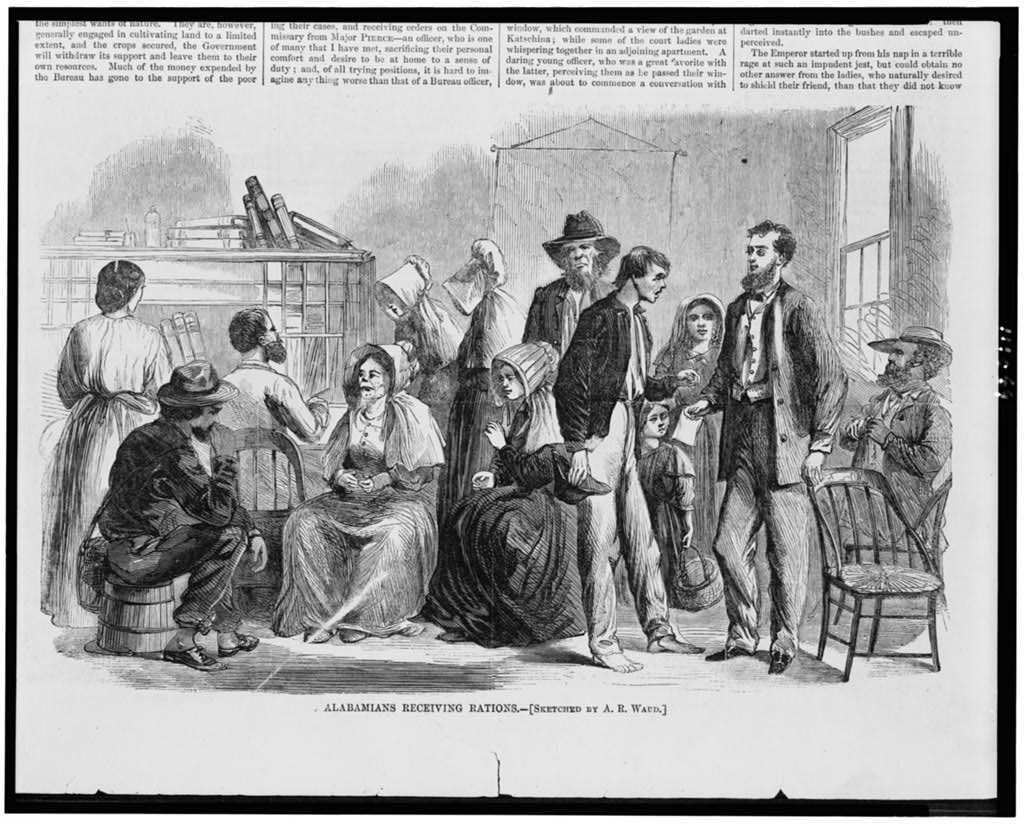 Alabamians receiving rations / sketched by A.R. Waud. ( Illus. in: Harper's weekly, 1866 Aug. 11, p. 509; LOC: https://www.loc.gov/item/94510083/)