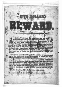 Poster offering fifty dollars reward for the capture of a runaway slave Stephen. (1852; LOC: https://www.loc.gov/item/rbpe.00101200/)