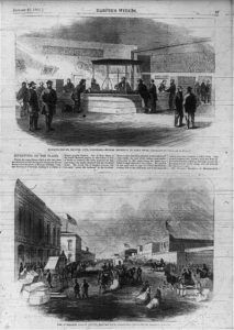 [2 views] (1) Banking-House, Denver City, Colorado - miners bringing in gold dust [interior]; (2) The Overland Coach Office, Denver City, Colorado [street scene] (Harper's Weekly, January 27, 1866 p.27; LOC: https://www.loc.gov/item/2006675494/)
