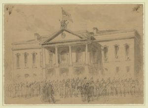 Lt Col Kennedy of the 13th Iowa, 3rd Brigade, 4th Division, 17 A.C. raising the stars & stripes over the State House Columbia ( Published in: Harper's Weekly, April 8, 1865, p. 209, credited to Theodore Davis.; LOC: https://www.loc.gov/item/2004661347/)