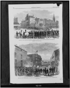 The Riot in New Orleans - the Freedmen's procession marching to the institute - the struggle for the flag The riot in New Orleans - siege and assault of the convention by the police and citizens / / sketched by Theodore R. Davis. ( 2 Illustrations in: Harper's weekly, 1866 Aug. 25, p. 536; LOC: https://www.loc.gov/item/94510091/) )