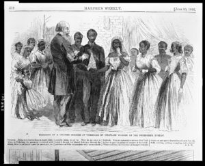 Marriage of a colored soldier at Vicksburg by Chaplain Warren of the Freedmen's Bureau ( Illus. in: Harper's weekly, v. 10, no. 496 (1866 June 30), p. 412 (top).; LOC: https://www.loc.gov/item/2009630217/)