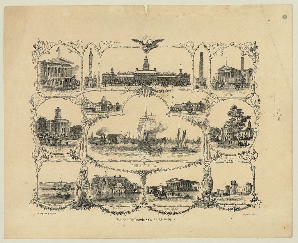 Philadelphia / des. eng. & pub. by Jas. Queen ; P.S. Duval & Co. Lith. Phila. (ca. 1855; LOC: https://www.loc.gov/item/2010651254/)