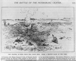 The Battle of the Petersburg Crater: The Crater, as seen from the Union side. From a sketch made at the time (ca. 1887; LOC: https://www.loc.gov/item/2003669688/)