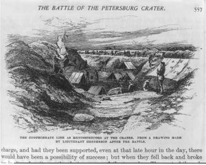 The Battle of the Petersburg Crater: The Confederate line as reconstructed at the crater. From a drawing made by Lieutenant Henderson after the battle (ca. 1887; LOC: https://www.loc.gov/item/2003669689/)