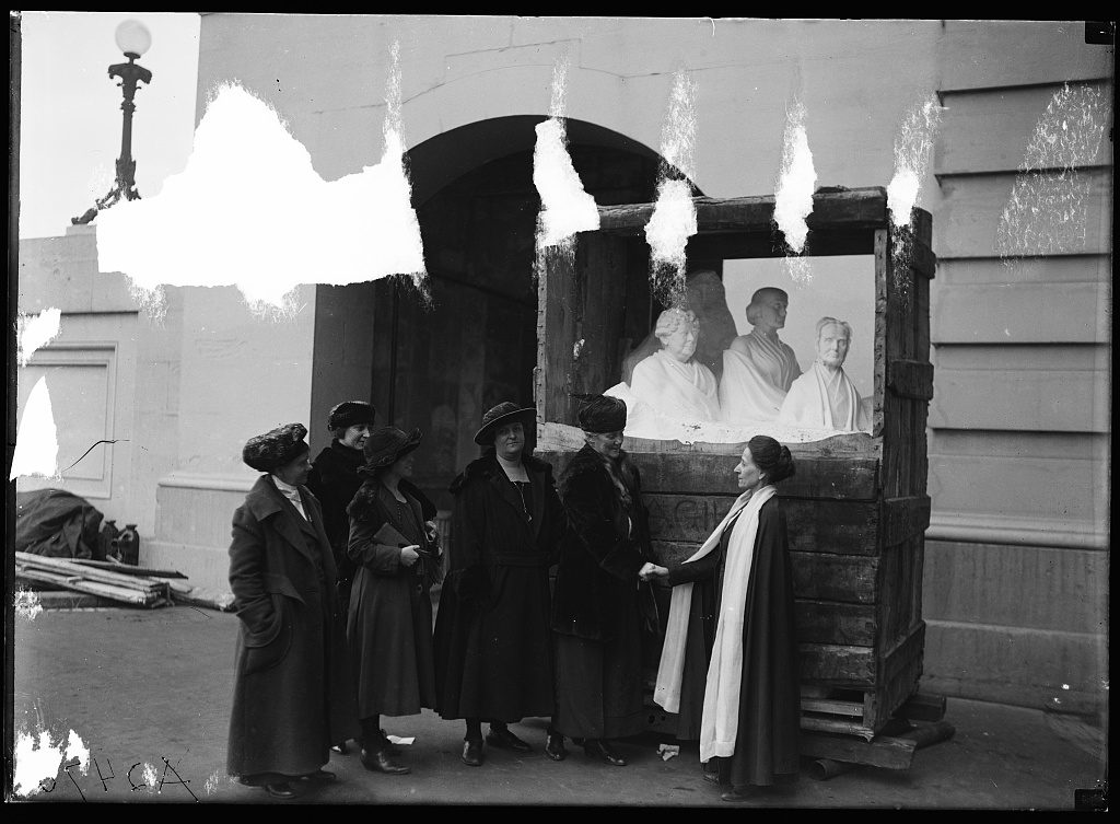 Sculpture: Portrait Monument to Lucretia Mott, Elizabeth Cady Stanton and Susan B. Anthony, in crate, U.S. Capitol, Washington, D.C. ([between 1921 and 1923; LOC: https://www.loc.gov/item/hec2013001261/)