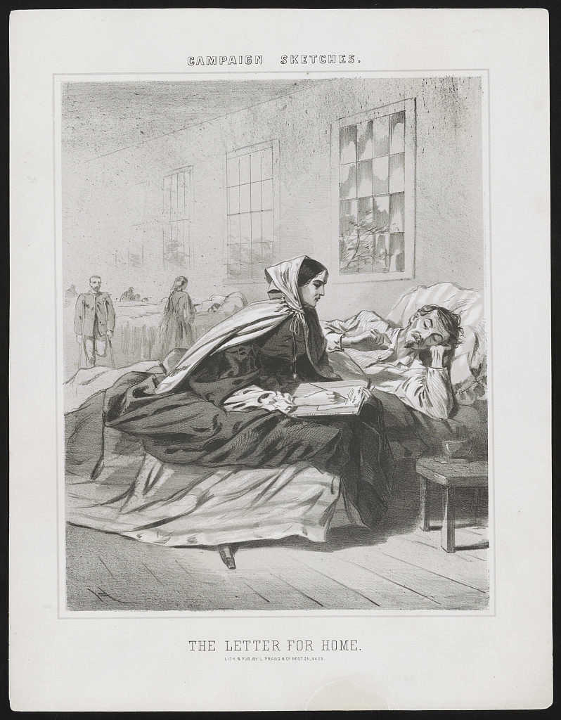 Campaign sketches. The letter for home / H. (by Winslow Homer, Boston, Mass. : Lith. & pub. by L. Prang & Co., [1863]; LOC: https://www.loc.gov/item/2013650300/)